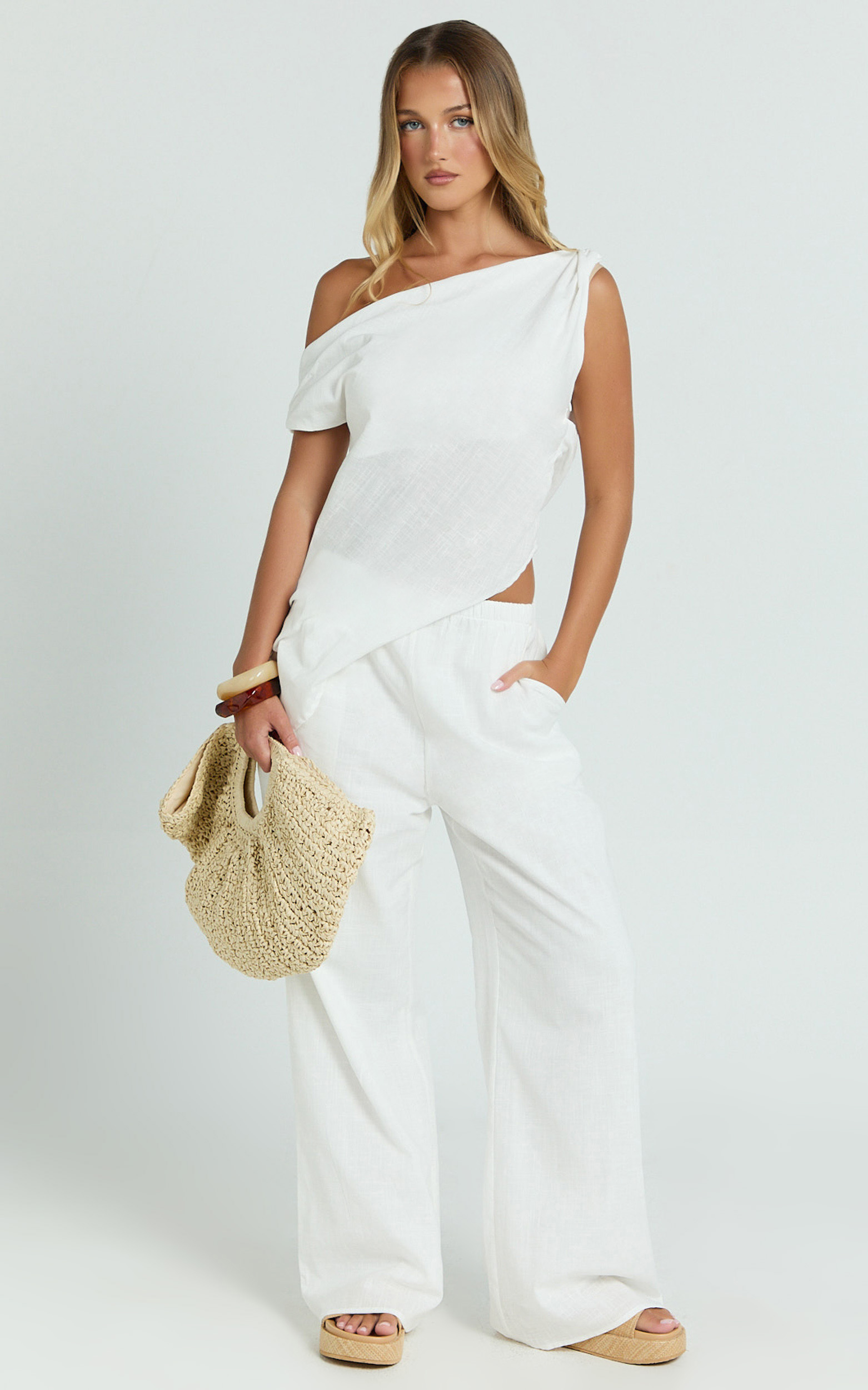 Showpo Annalie Two Piece Top and Pants Set - Off Shoulder Linen Set in White