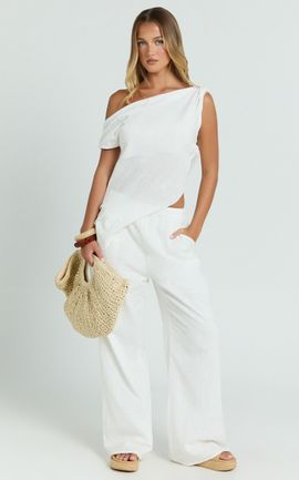 Showpo Annalie Two Piece Top and Pants Set - Off Shoulder Linen Set in White
