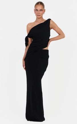 Showpo Antoinette Two Piece Top and Skirt Set - Linen Blend Tie Detail Top and Maxi Skirt Set in Black