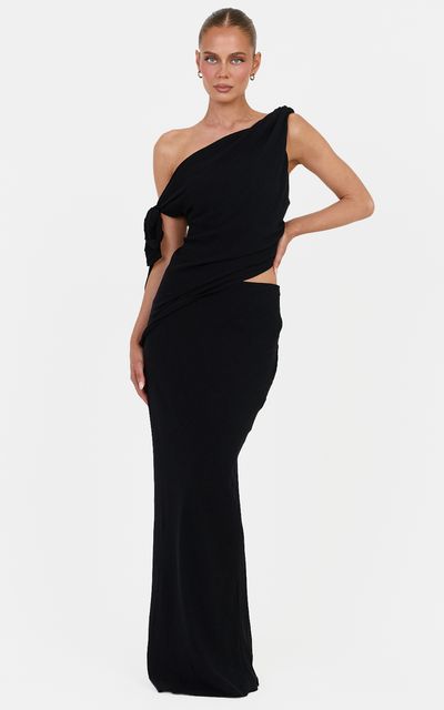 Showpo Antoinette Two Piece Top and Skirt Set - Linen Blend Tie Detail Top and Maxi Skirt Set in Black