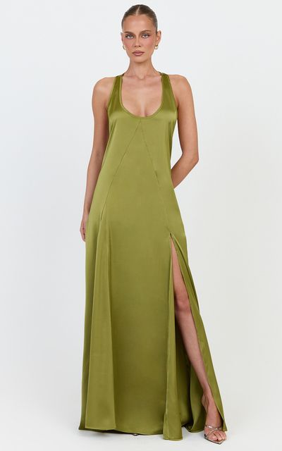 Showpo Anya Maxi Dress - Low Back Scoop Neck Racerback Dress in Olive