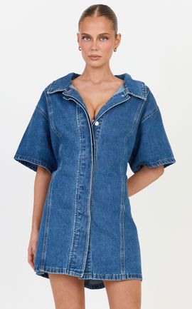 Showpo Arabella Mini Dress - Oversized Denim Short Sleeve Mini Dress in Dark Blue Wash