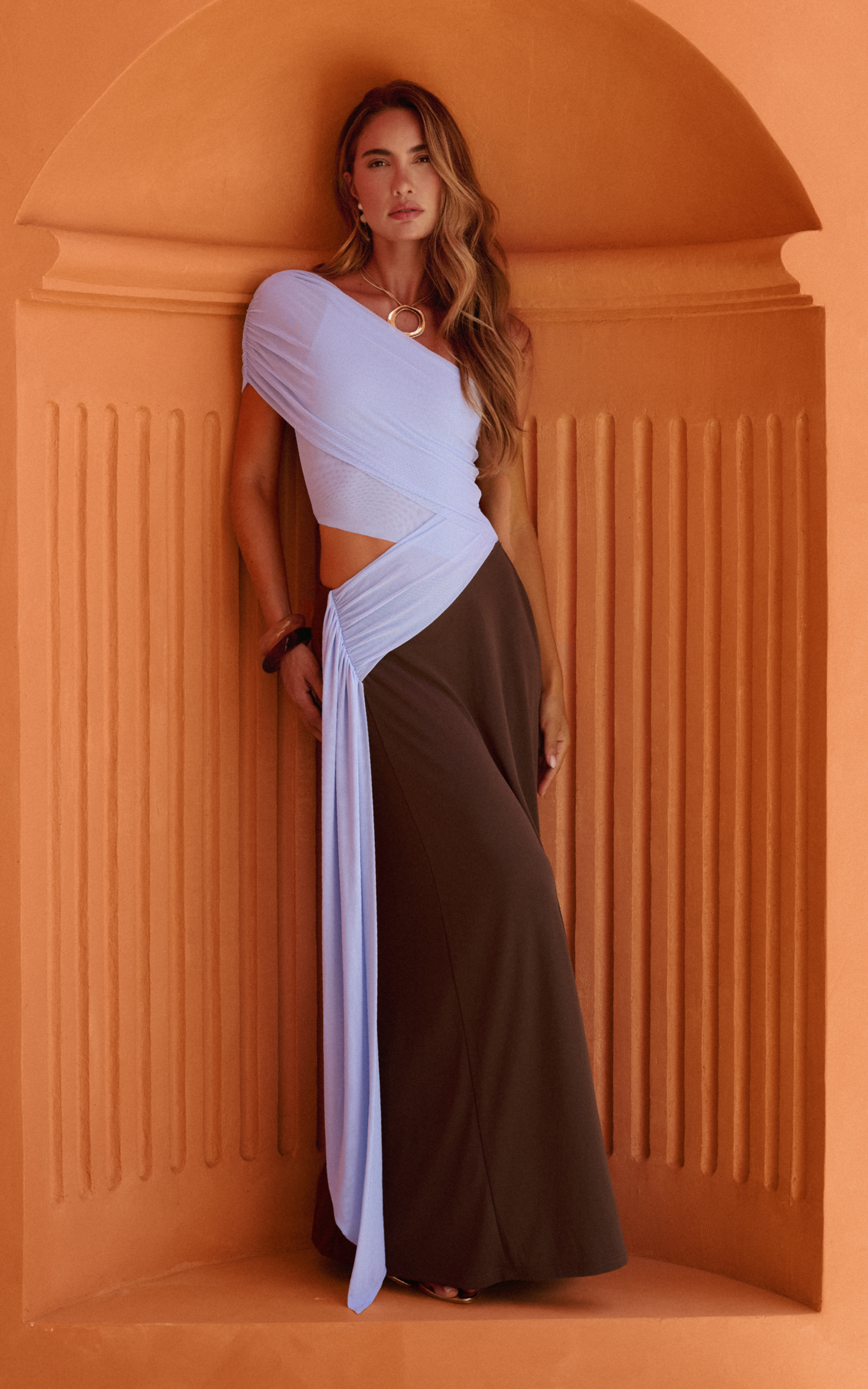 Showpo Arielle Maxi Dress - One Shoulder Sash Detail Cut Out Colour Block Dress in Blue/Chocolate Contrast