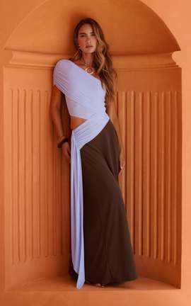 Showpo Arielle Maxi Dress - One Shoulder Sash Detail Cut Out Colour Block Dress in Blue/Chocolate Contrast