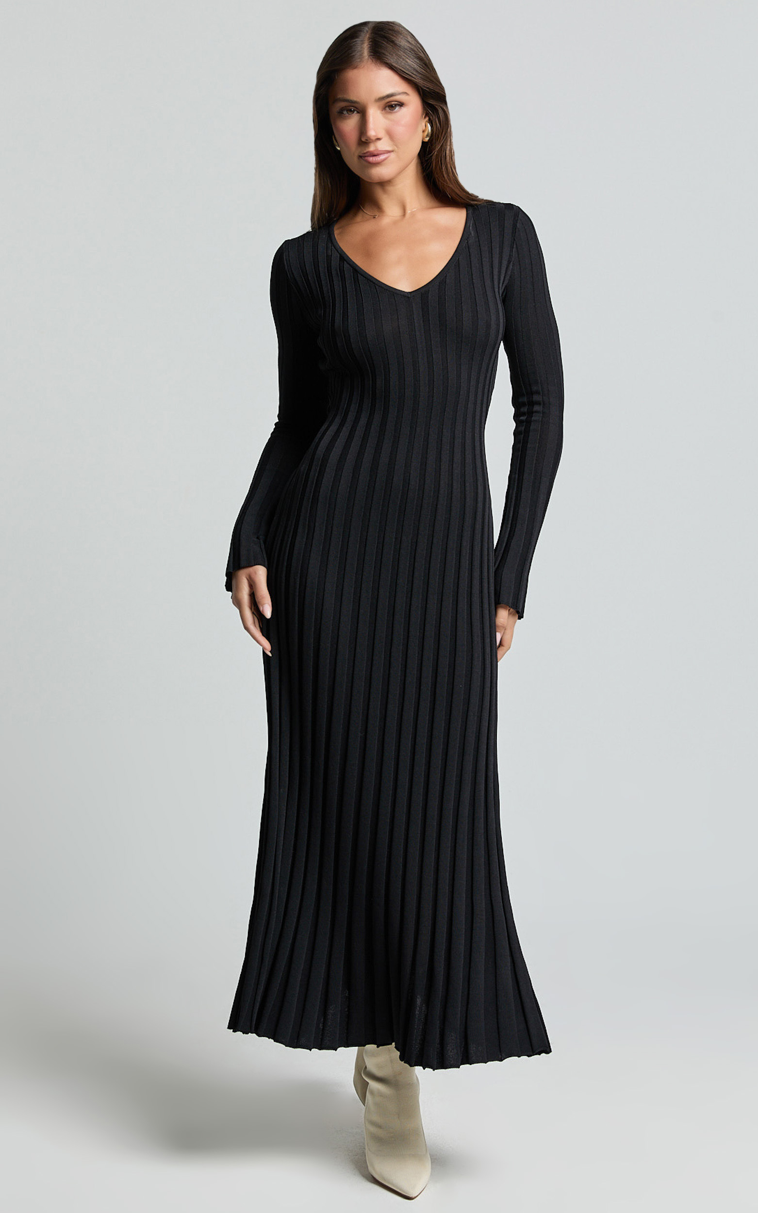 Showpo Astra Maxi Dress - V Neck Long Sleeve Knit Dress in Black