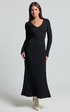 Showpo Astra Maxi Dress - V Neck Long Sleeve Knit Dress in Black