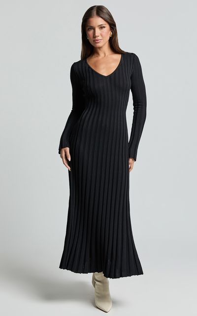 Showpo Astra Maxi Dress - V Neck Long Sleeve Knit Dress in Black