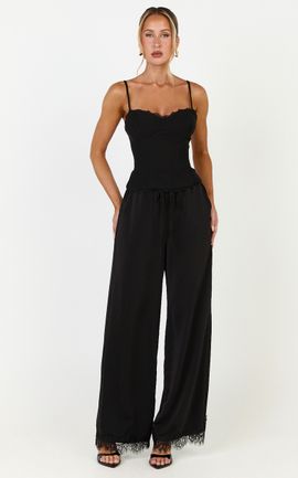 Showpo Ava Pants - Mid Waist Relaxed Leg Lace Hem Pants in Black