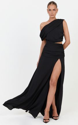 Showpo Ayla Two Piece Set - Draped Off Shoulder Top And Maxi Skirt Set in Black