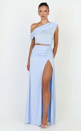 Showpo Ayla Two Piece Set - Draped Off Shoulder Top And Maxi Skirt Set in Blue