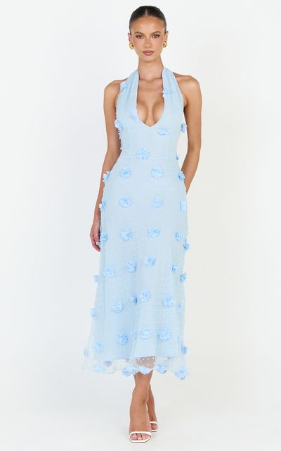 Showpo Azalea Midi Dress - Halter Neck 3D Floral Fit And Flare Dress in Blue