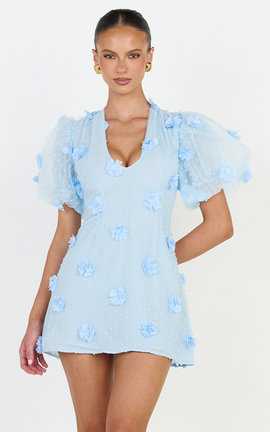 Showpo Azalea Mini Dress - Puff Sleeve 3D Floral A Line Dress in Blue