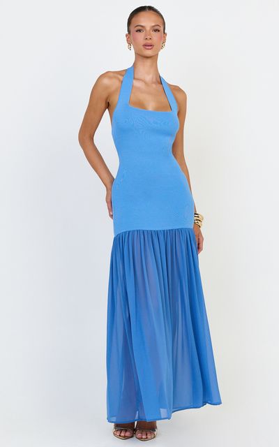 Showpo Barbara Maxi Dress - Halter Scoop Neck Contrast Georgette Dress in Cornflower Blue