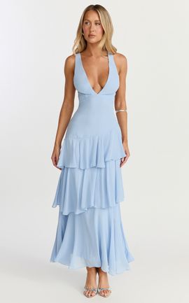 Showpo Beryl Midi Dress - Deep V Neck Sleeveless Layered Dress in Blue