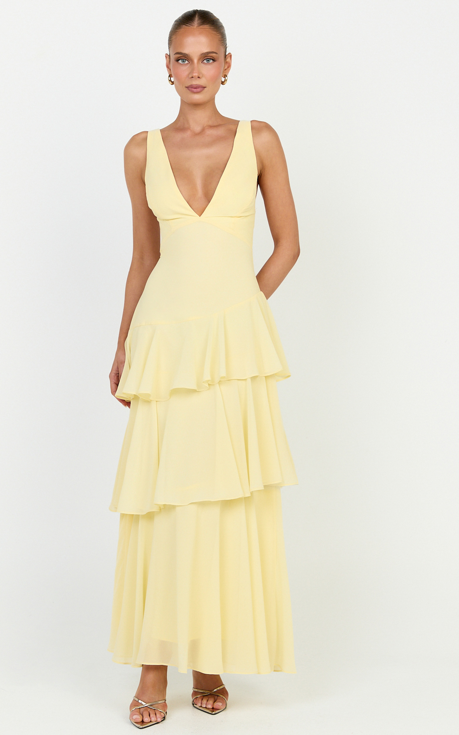 Showpo Beryl Midi Dress - Deep V Neck Sleeveless Layered Dress in Lemon