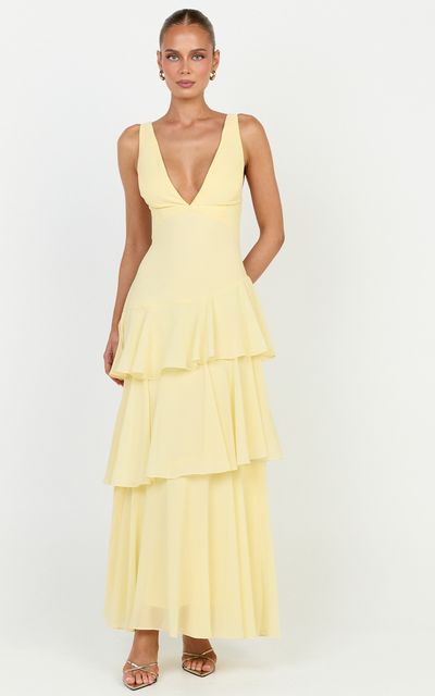 Showpo Beryl Midi Dress - Deep V Neck Sleeveless Layered Dress in Lemon