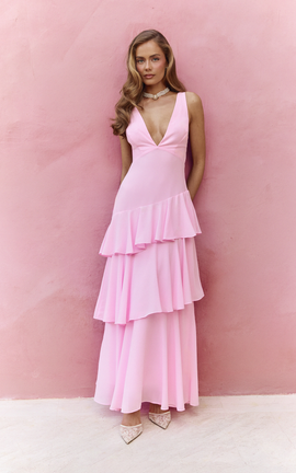 Showpo Beryl Midi Dress - Deep V Neck Sleeveless Layered Dress in Pink