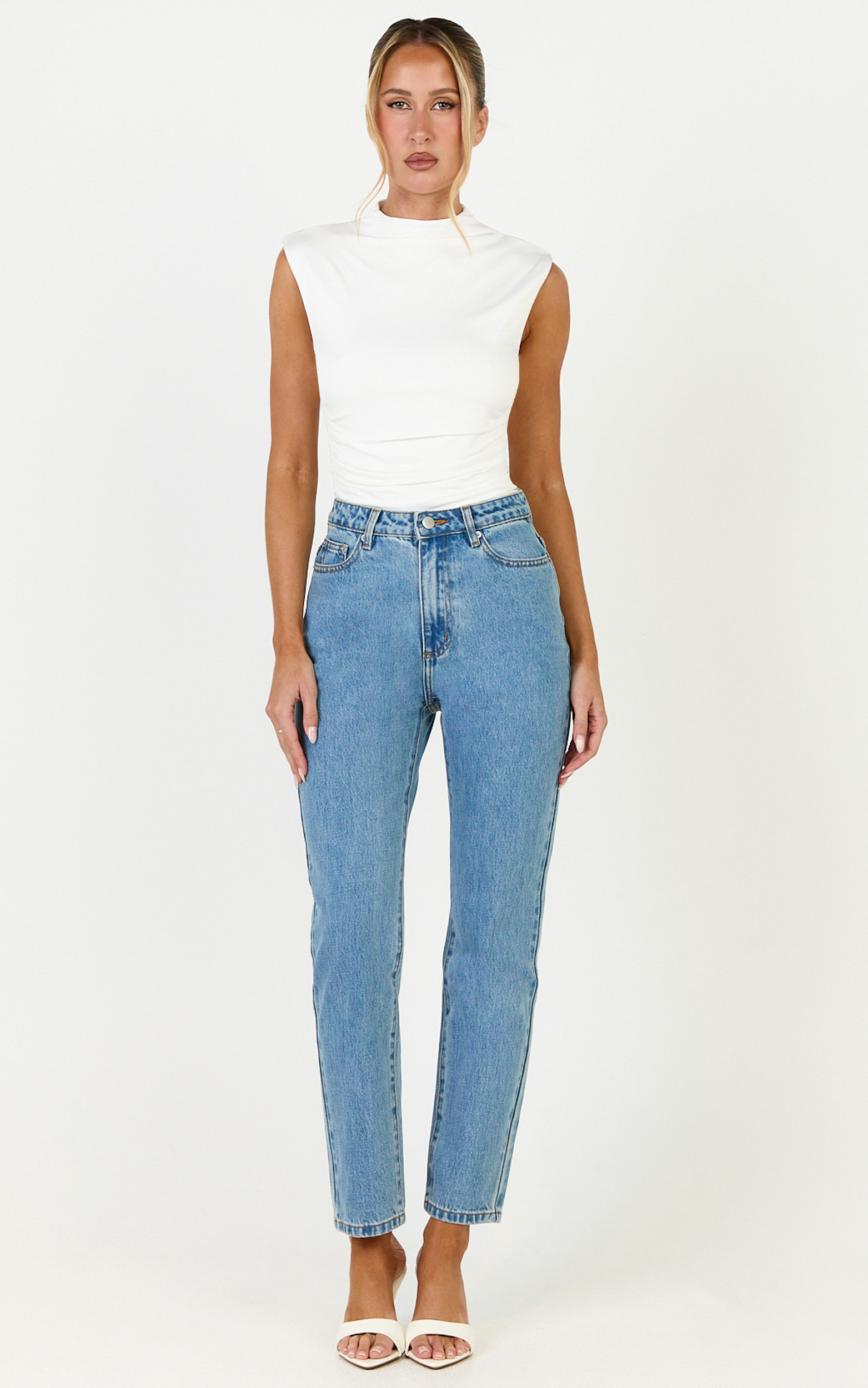 Showpo Billie Jeans - High Waisted Recycled Cotton Mom Denim Jeans in Light Mid Blue