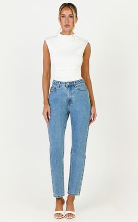 Showpo Billie Jeans - High Waisted Recycled Cotton Mom Denim Jeans in Light Mid Blue