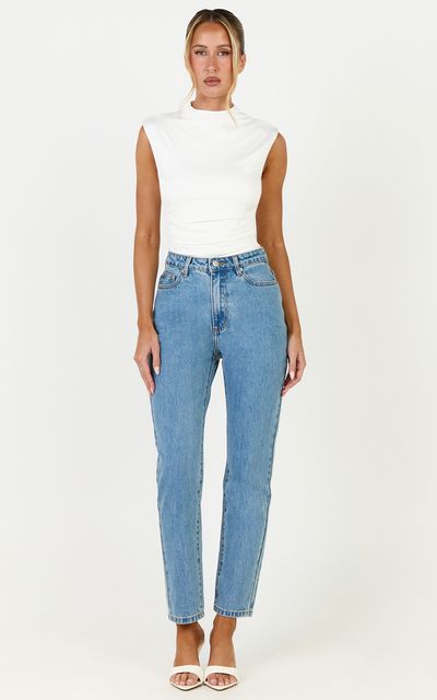 Showpo Billie Jeans - High Waisted Recycled Cotton Mom Denim Jeans in Light Mid Blue