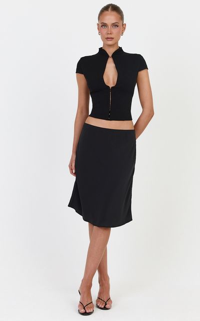 Showpo Bryonie Midi Skirt - Mid Waist Knee Length Bias Cut Skirt in Black