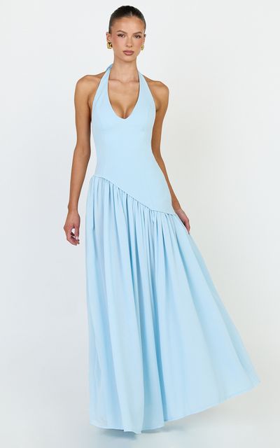 Showpo Calla Maxi Dress - Halter Neck Asymmetric Dropped Waist Dress in Blue