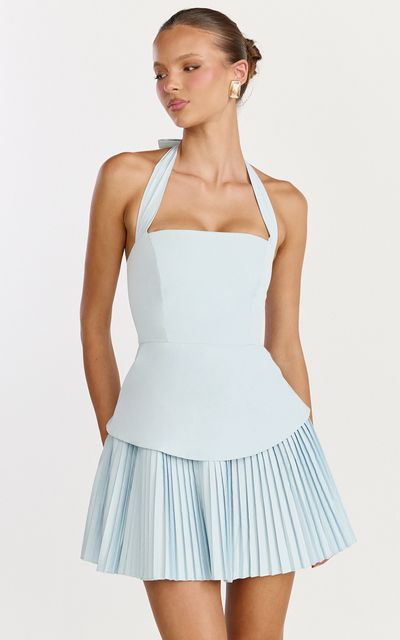 Showpo Calla Mini Dress - Halter Neck Peplum Pleated Skirt Dress in Light Blue
