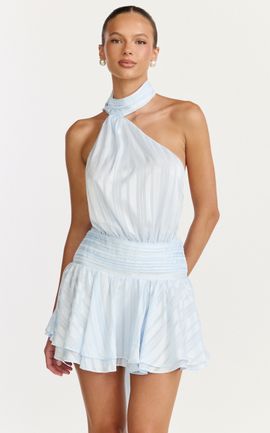 Showpo Callista Mini Dress - Scarf Neck Backless Dress in Light Blue