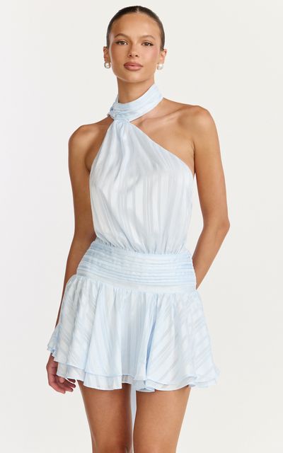 Showpo Callista Mini Dress - Scarf Neck Backless Dress in Light Blue