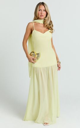 Showpo Calvin Maxi Dress - Linen Look Contrast Georgette Skirt with Neck Scarf in Lemon