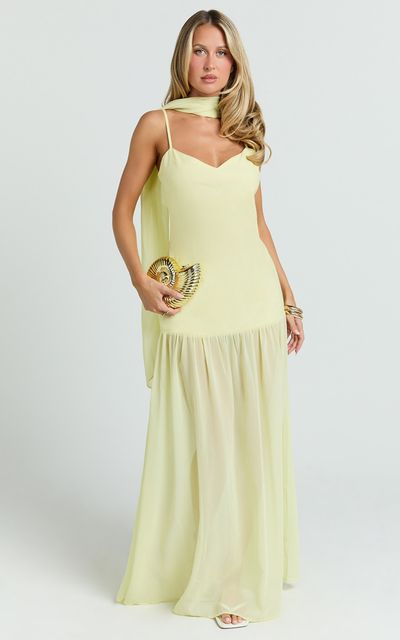 Showpo Calvin Maxi Dress - Linen Look Contrast Georgette Skirt with Neck Scarf in Lemon