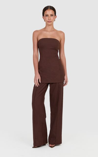 Showpo Catherine Pants - Linen Blend Tailored Straight Leg Pant in Chocolate