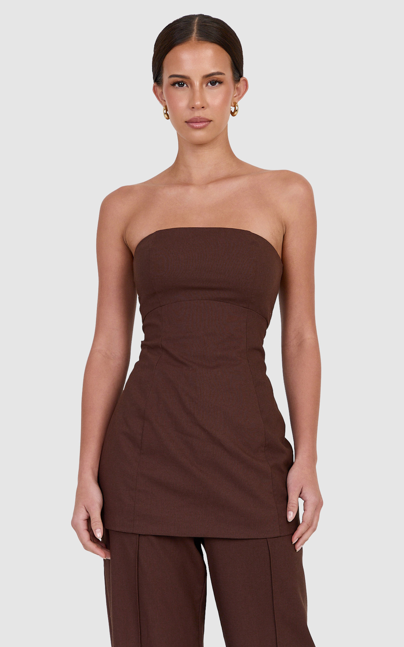 Showpo Catherine Top - Linen Blend Strapless Longline Top in Chocolate