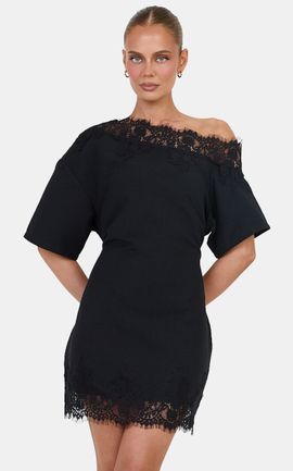 Showpo Chantelle Mini Dress - Asymmetrical Tie Back Lace Mini Dress in Black