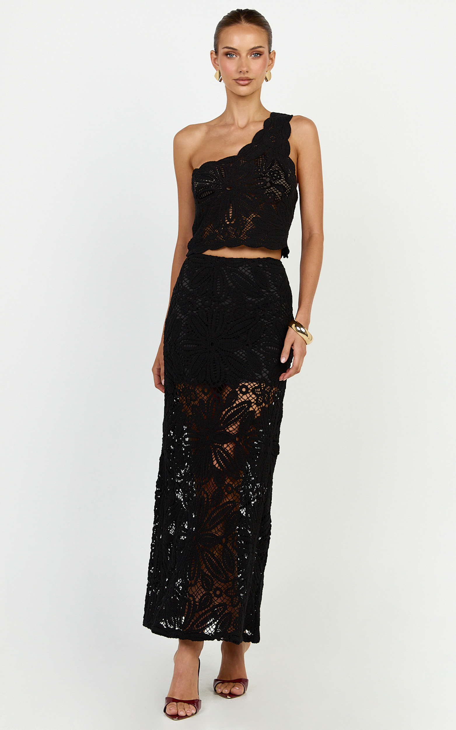 Showpo Charlene Maxi Skirt - Crochet Fit And Flare Skirt in Black