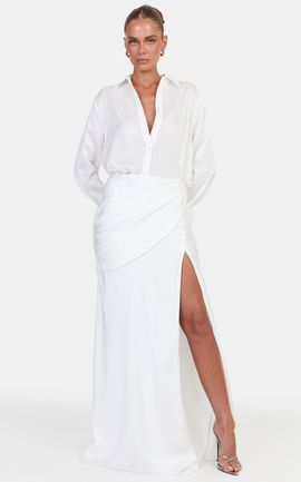 Showpo Claire Maxi Skirt - Satin Skirt With Hip Drape Detail And Leg Split in Ivory