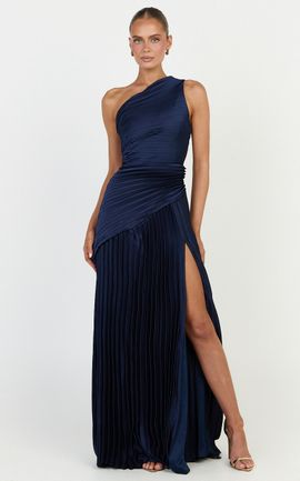 Showpo Clarissa Maxi Dress - One Shoulder Pleated Dress in Navy
