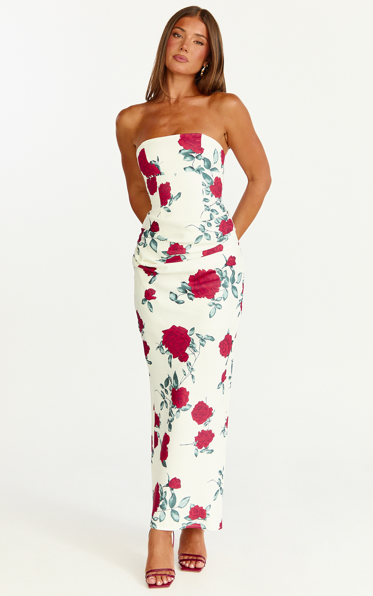Showpo Dahlia Midi Dress - Strapless Draped Cowl Waist Fitted Dress in Scarlet Rose Print