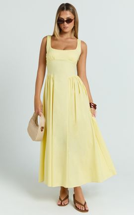 Showpo Donatella Midi Dress - Ruched Bust Fit And Flare Dress in Lemon