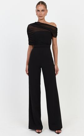 Showpo Eira Jumpsuit - Strapless Straight Leg Jumpsuit With Sheer Mesh Cape Overlay in Black