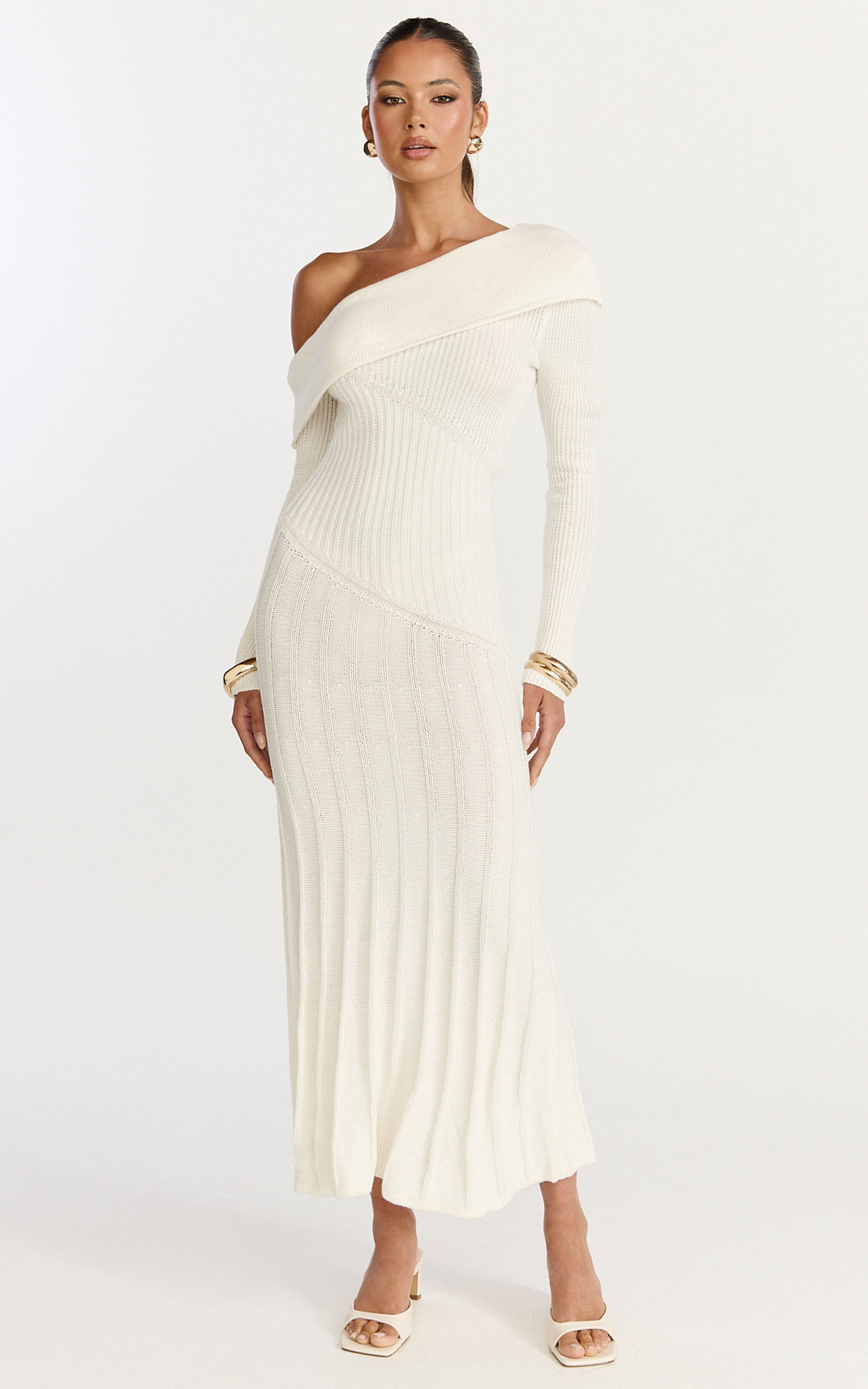 Showpo Elaine Midi Dress - Knit Off Shoulder Asymmetric Panel Dress in Cream
