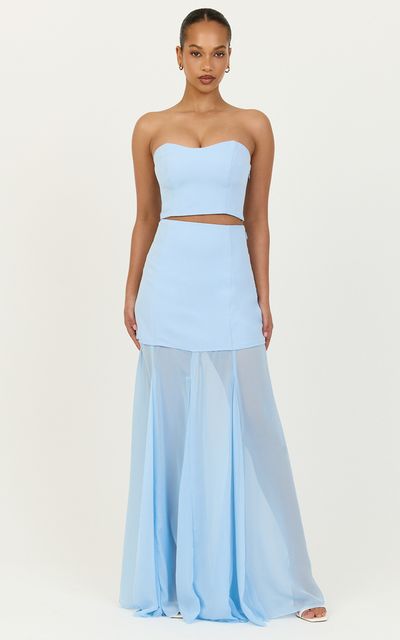 Showpo Elara Two Piece Top and Skirt Set - Strapless Shirred Back Top And Contrast Sheer Godet Skirt Set in Blue