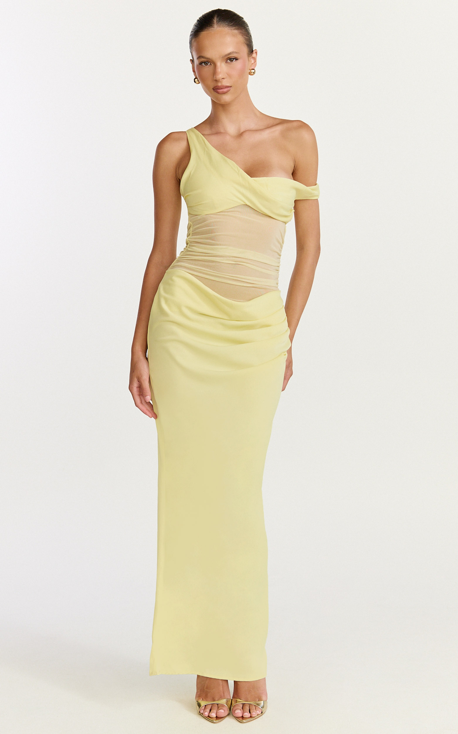 Showpo Elias Maxi Dress - Twisted One Shoulder Cowl Dropped Waist Dress in Lemon