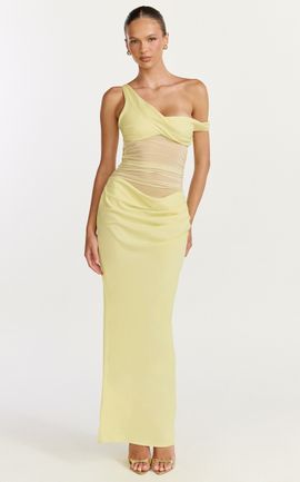Showpo Elias Maxi Dress - Twisted One Shoulder Cowl Dropped Waist Dress in Lemon