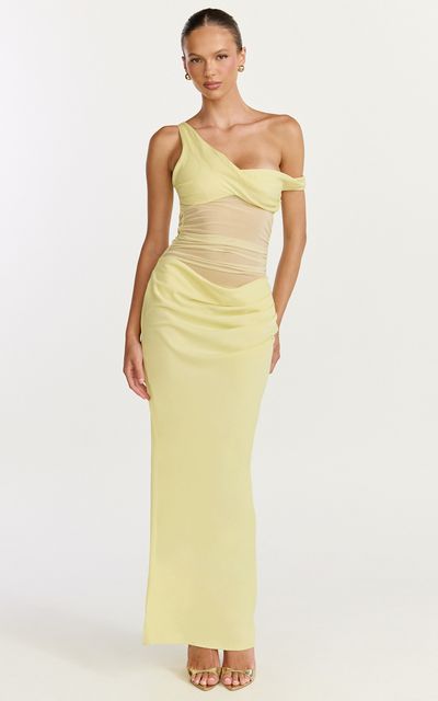 Showpo Elias Maxi Dress - Twisted One Shoulder Cowl Dropped Waist Dress in Lemon