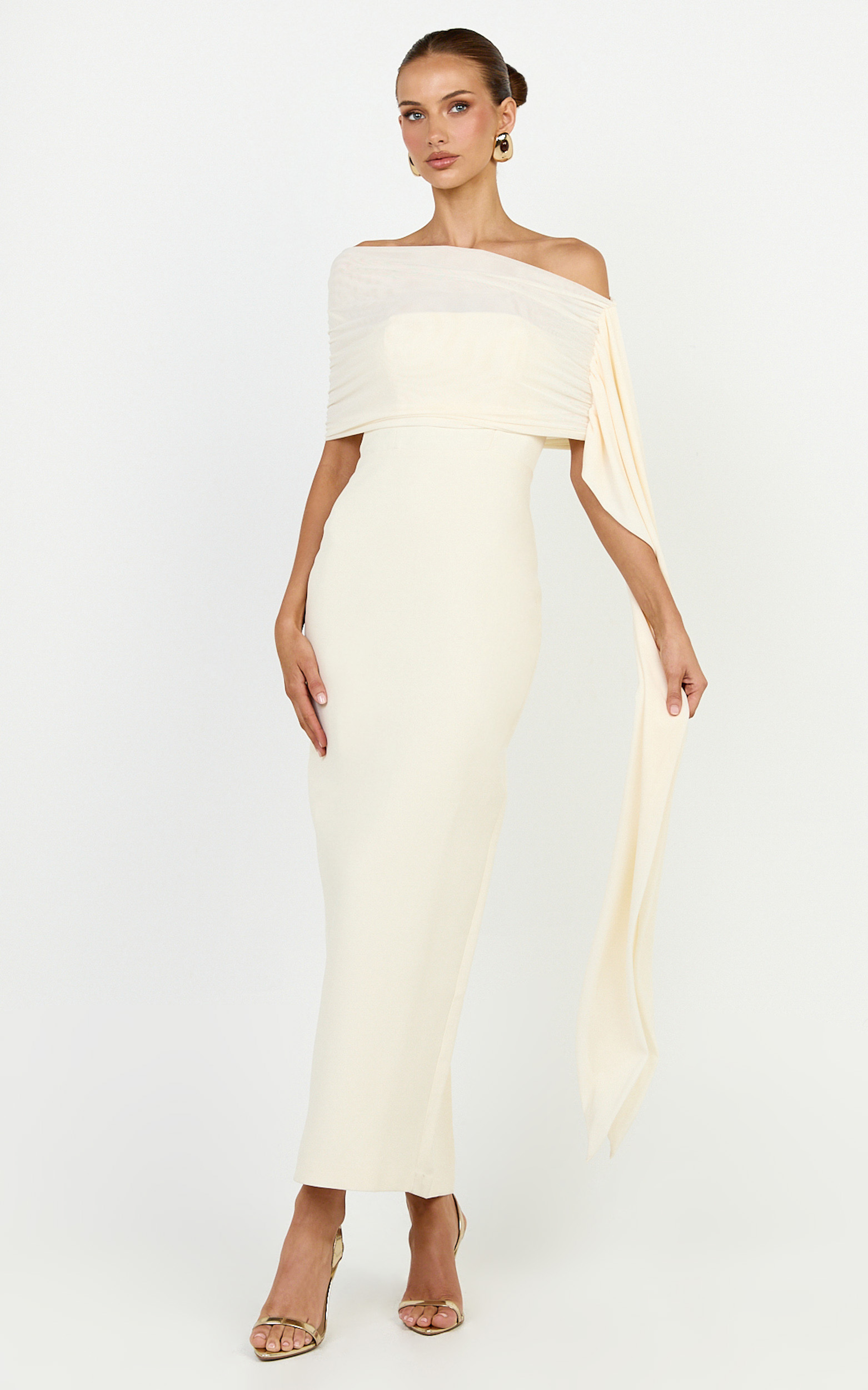 Showpo Elina Maxi Dress - Off Shoulder Contrast Mesh Draped Overlay Dress in Cream