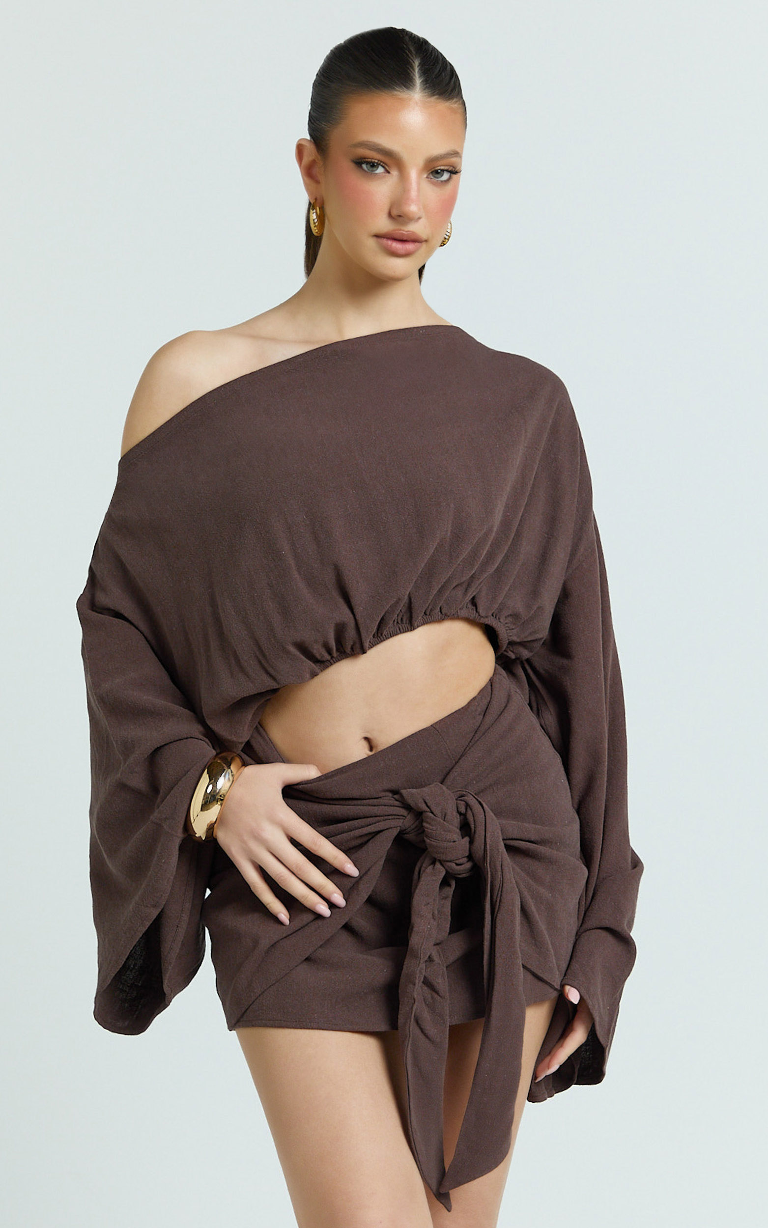 Showpo Elly Two Piece Top and Skirt Set - Asym Long Sleeve Top and Wrap Mini Skirt Set in Chocolate