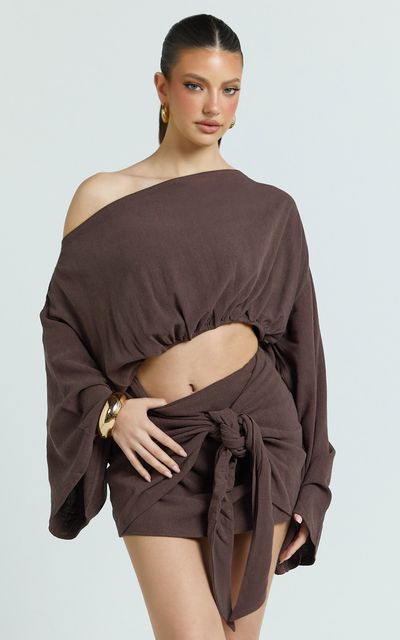 Showpo Elly Two Piece Top and Skirt Set - Asym Long Sleeve Top and Wrap Mini Skirt Set in Chocolate