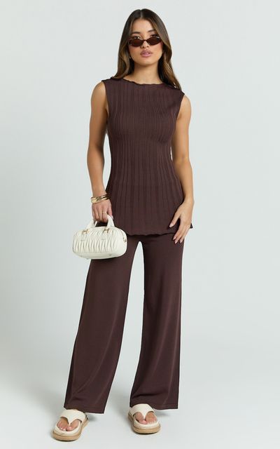 Showpo Elodie Two Piece Set - Rib Knit Top and Pant Set in Chocolate