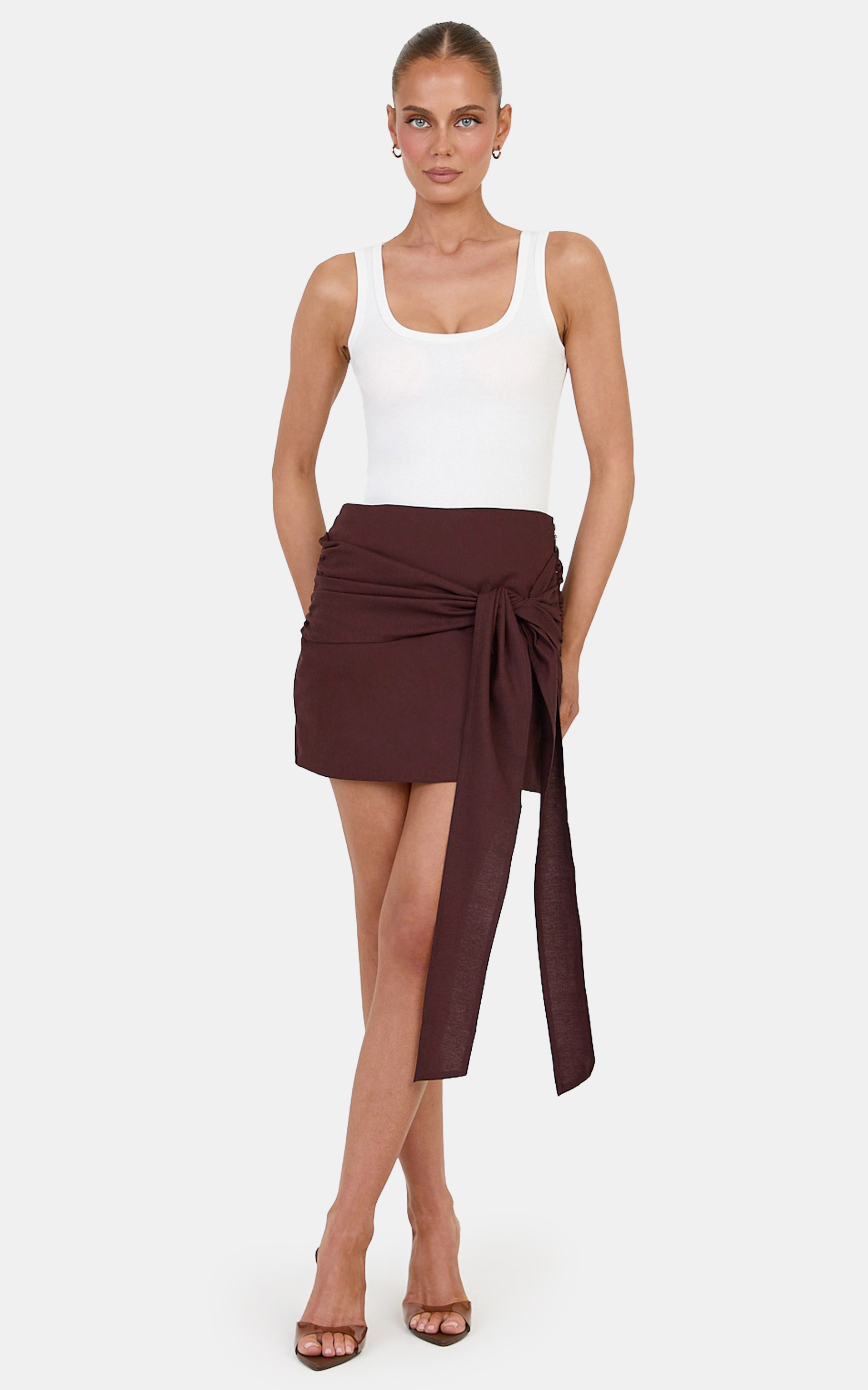 Showpo Emily Mini Skirt - Wrap Tie Mini Skirt in Dark Chocolate